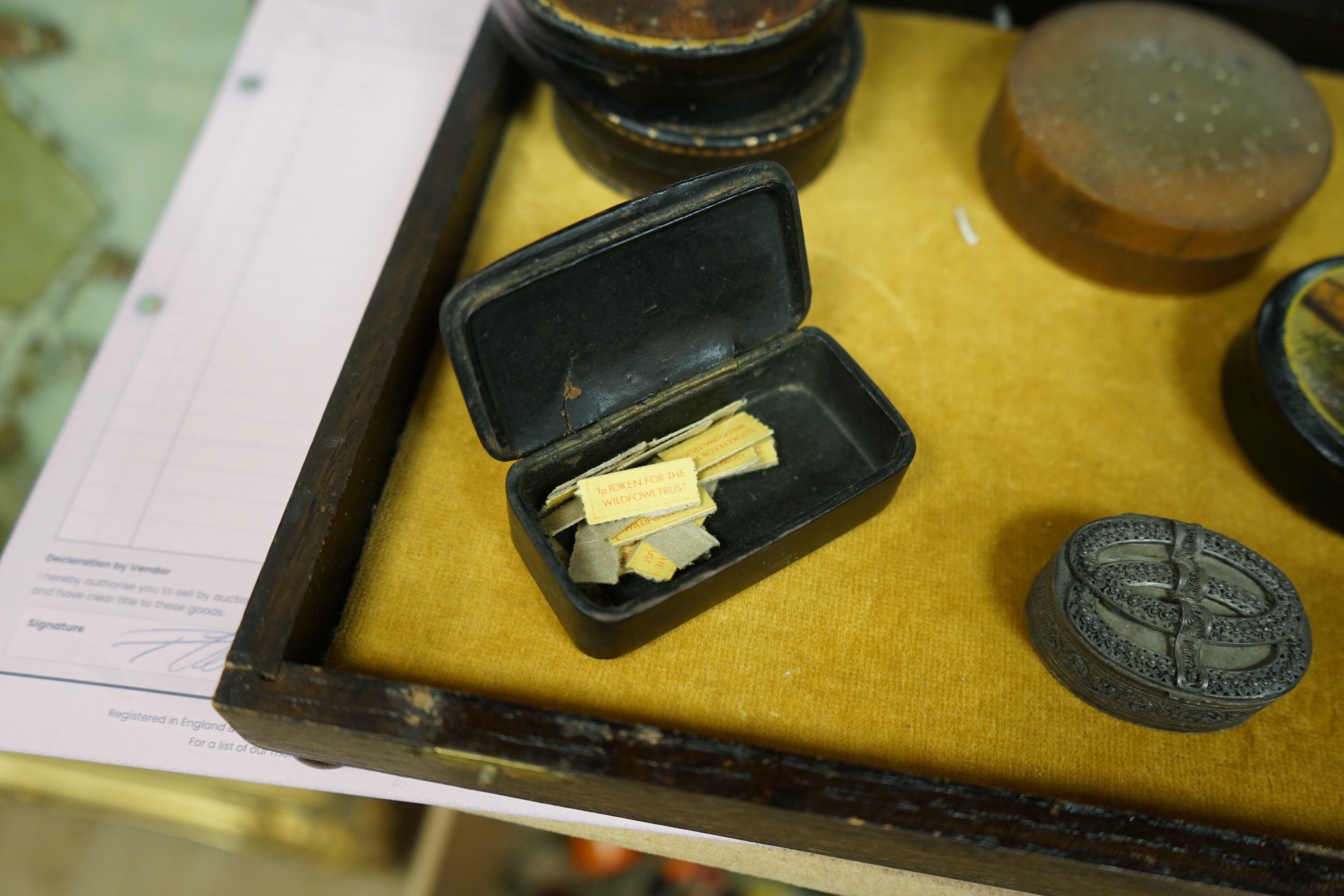 Ten various snuff boxes to include horn, white metal, brass mounted and one printed with a classical scene, 19th/20th century, largest 9cm in diameter. Condition - fair